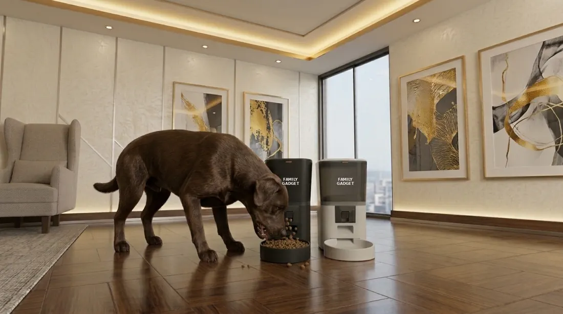 Perro comiendo de un comedero automático Family Gadget en una sala